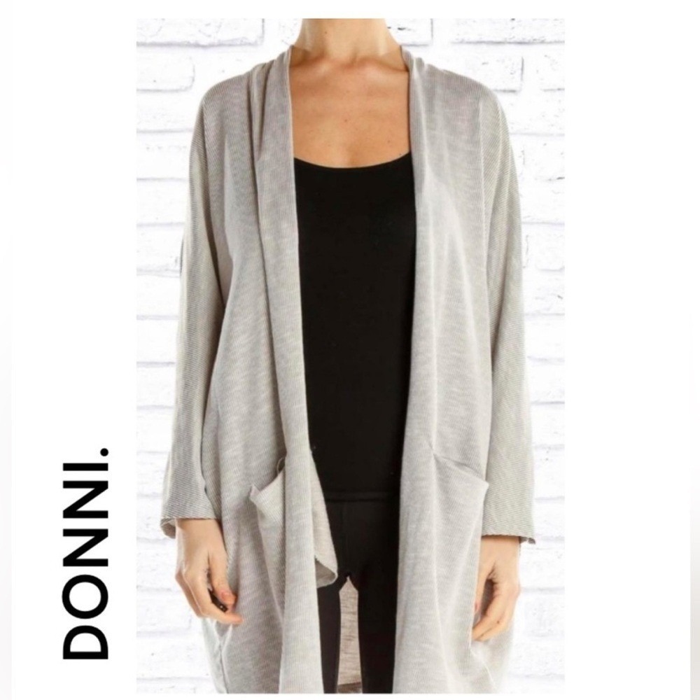 DONNI Sandwash Cardigan Grey White Stripe Open Front OSFA New With Tags